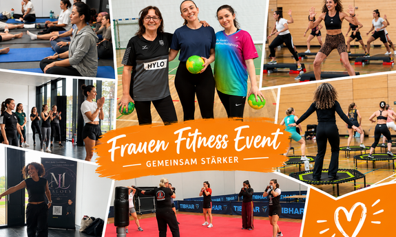 Foto-Collage zum Frauen-Fitness-Event mit Bildern, die verschiedene Gymnastikgruppen zeigen