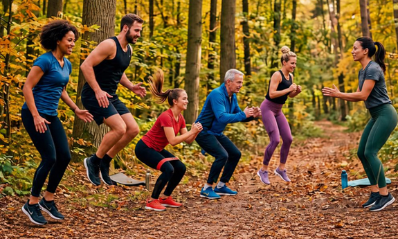 Sportler machen Sprunübungen im Wald